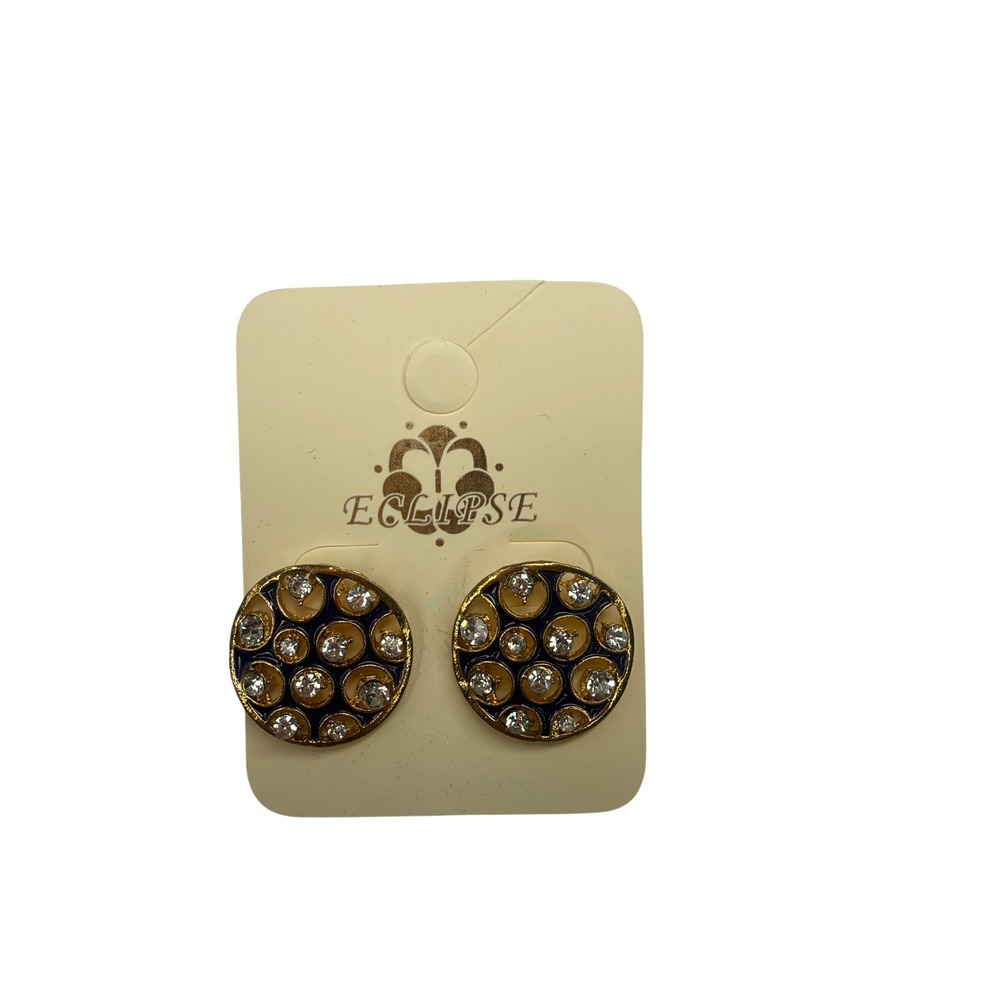 Eclipse Gold Tone Navy Blue Enamel Rhinestone Round Stud Earrings Honeycomb